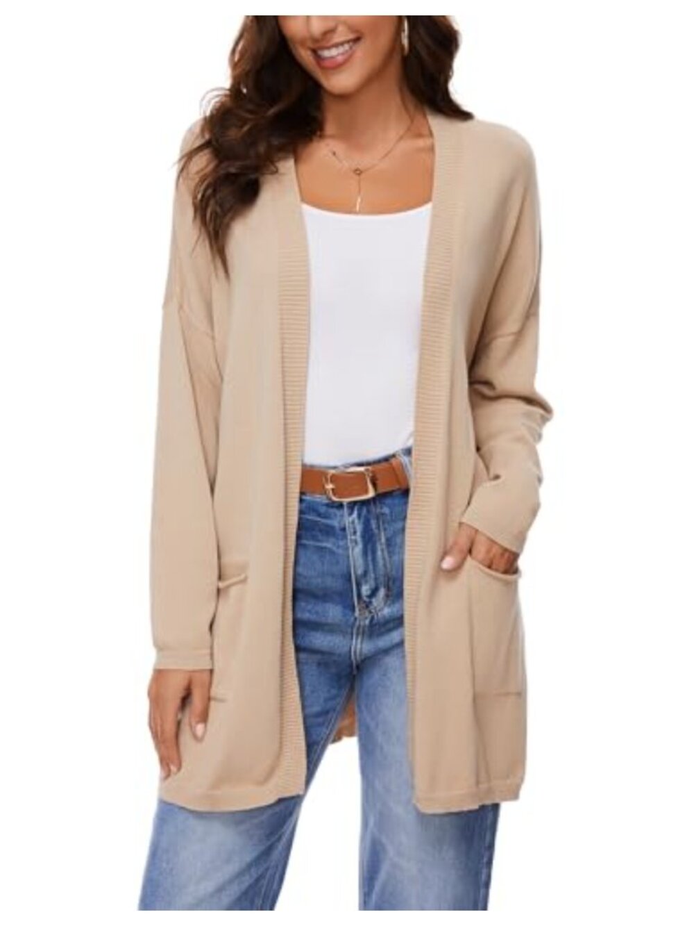 100% Cotton Open Front Cardigan with Pockets Oversized Knit Sweater Long Sleeve